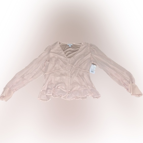 Nine West Long Sleeve V-Neck Button Front Blouse- Color: Faint Whisper- Small - Picture 4 of 7